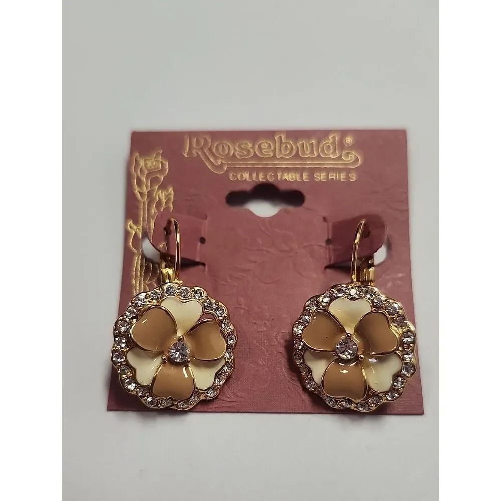 Rosebud Gold-Tone Brown and Cream Enamel Floral Drop Earrings
